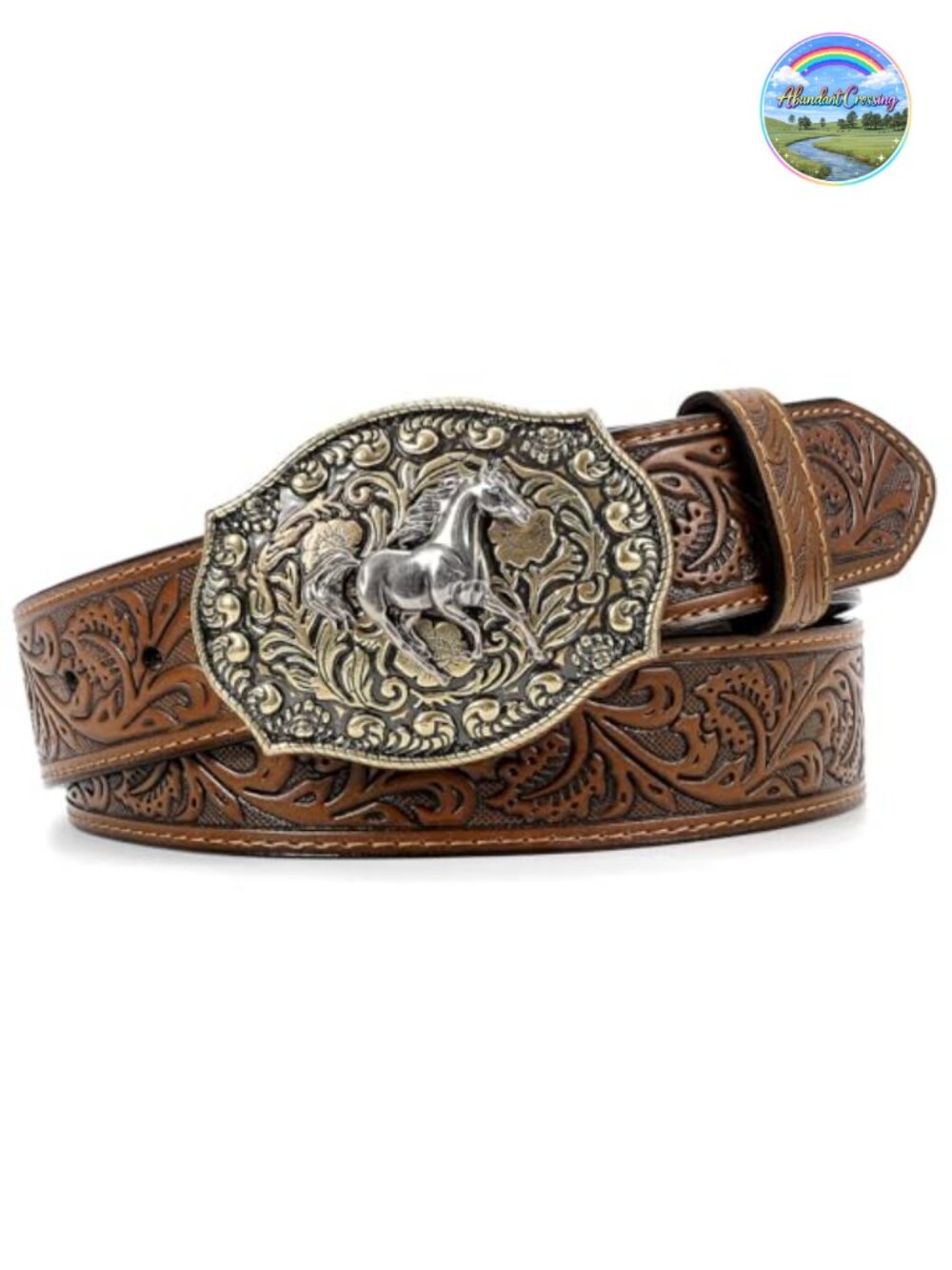 Embossed Cow Split Leather Western Belt with Horse Buckle Snap Buckle Removable